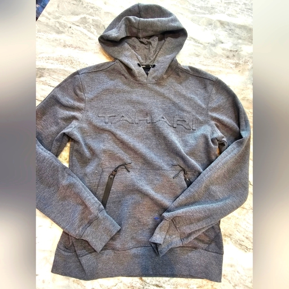Tahari Gray Hoodie Sweatshirt XL Logo Pullover Zipper Pockets Athleisure